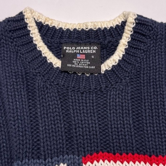 Vintage Polo Jeans Ralph Lauren Sweater Womens Small USA Flag Knit Navy Cotton - Picture 6 of 9